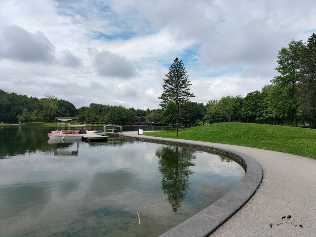 Beaver Lake. In the photo you can also see some pedal boats anchored to a wooden pier in the distance.