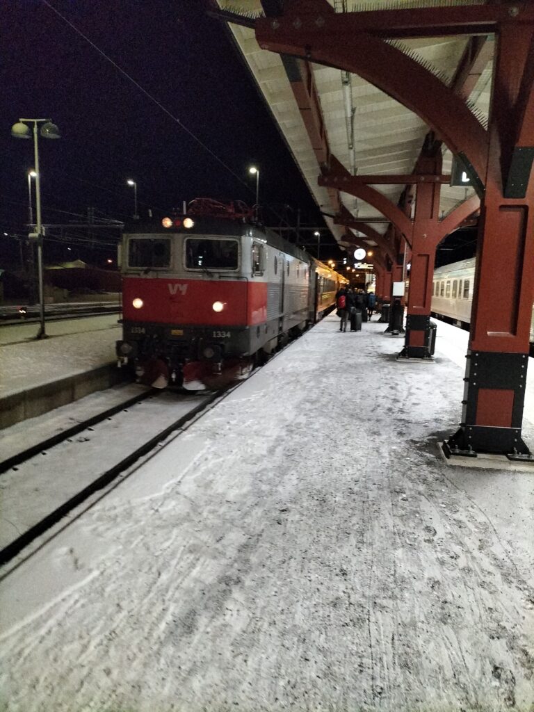 Polar Express from Stockholm Central Station to Narvik, Norway. Train in a station.