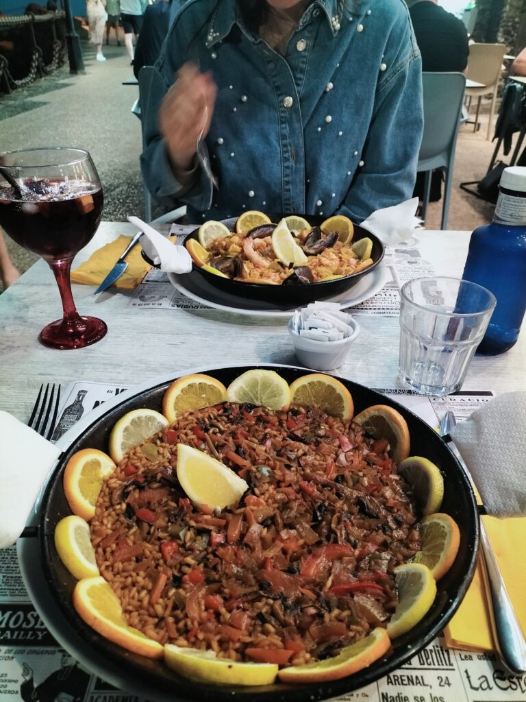 The two paellas eaten in the town of Playa Blanca. Tiziano's paella in the foreground, Claudia's in the background.