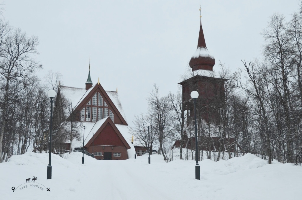 Typical Lappish red church in the center of Kiruna. On the right the separate bell tower of the church.