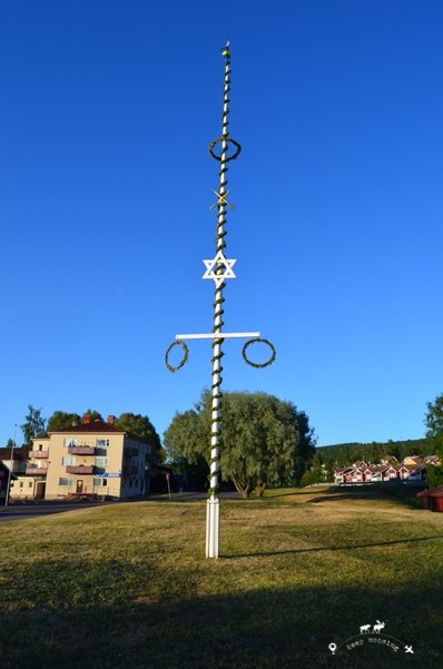 The Maypole or the typical pole of the early summer holidays planted in the middle of a garden. A house in the background and a large tree.