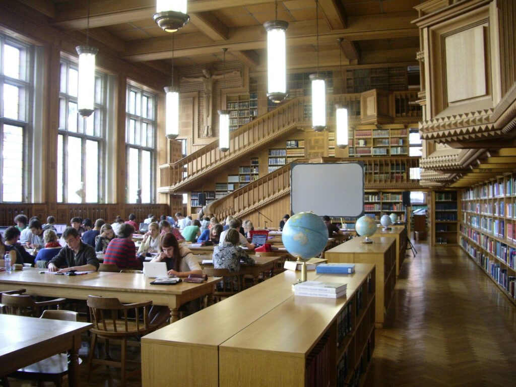 Students studying inside the library.