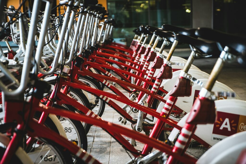 A lot of bikes of the service Antwerpen Velo in Antwerp.