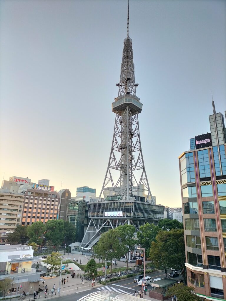 The Nagoya TV Tower seen from Oasis 21. Around the tower are the buildings in the city centre.