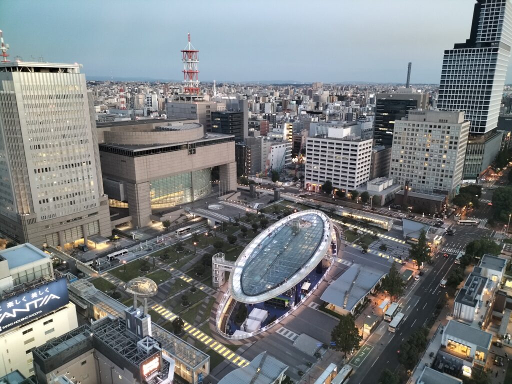 Bird's-eye view of Oasis21 and downtown Nagoya.