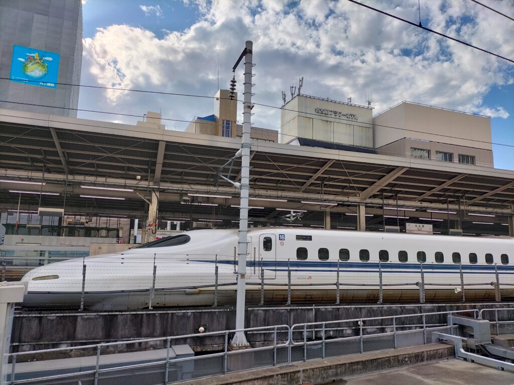 A Shinkansen train stopped in Nagoya Central Station.