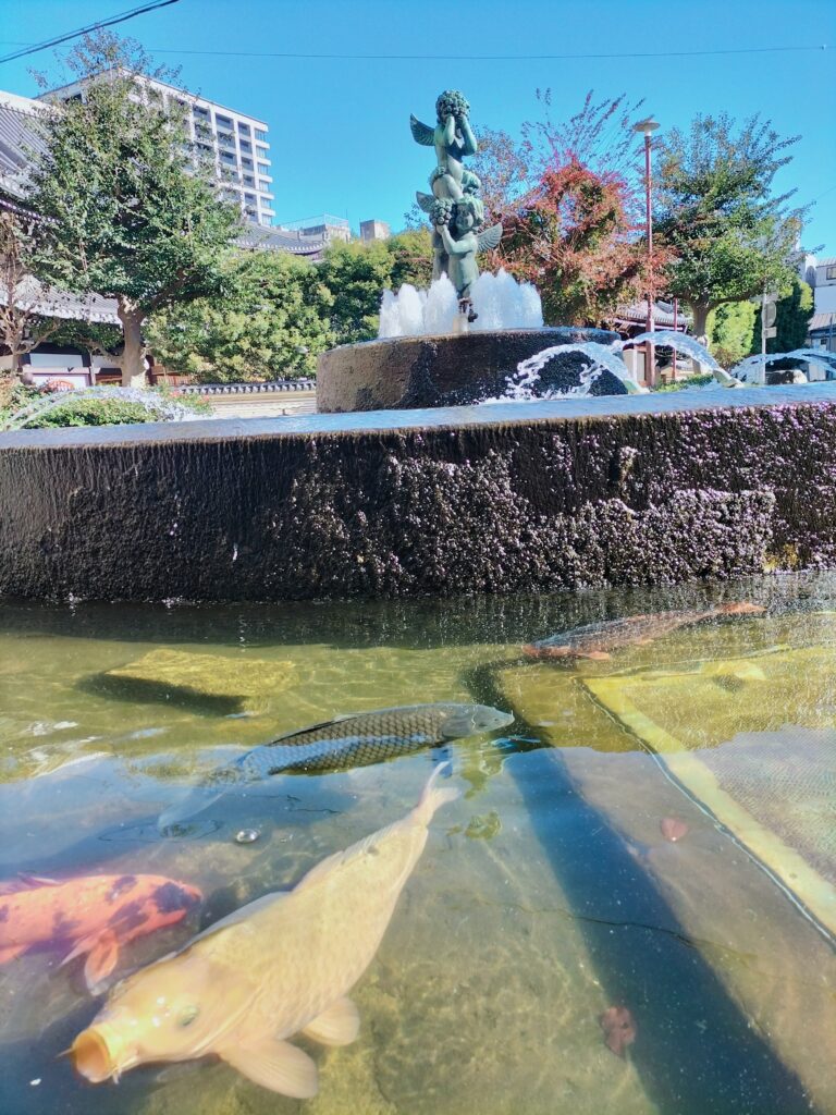 In the foreground a fountain with three colored carp, in the background the statue in the center of the fountain and the buildings and trees.