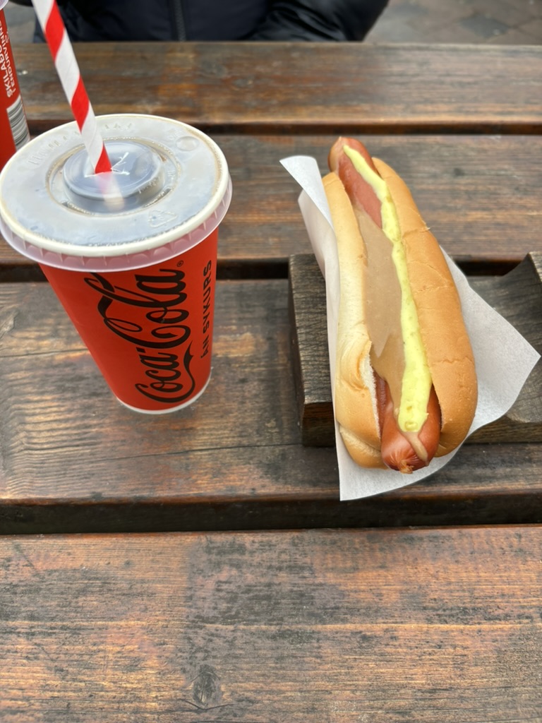 The hotdog with coke.