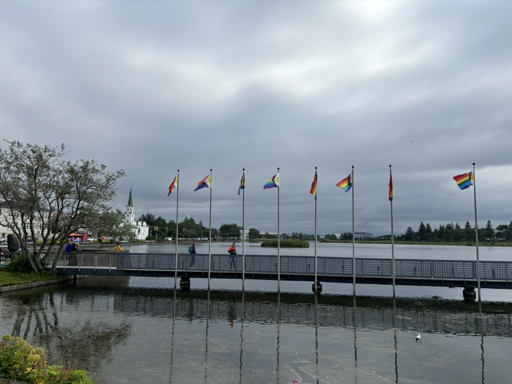 Tjörnin Lake with some rainbow flags.