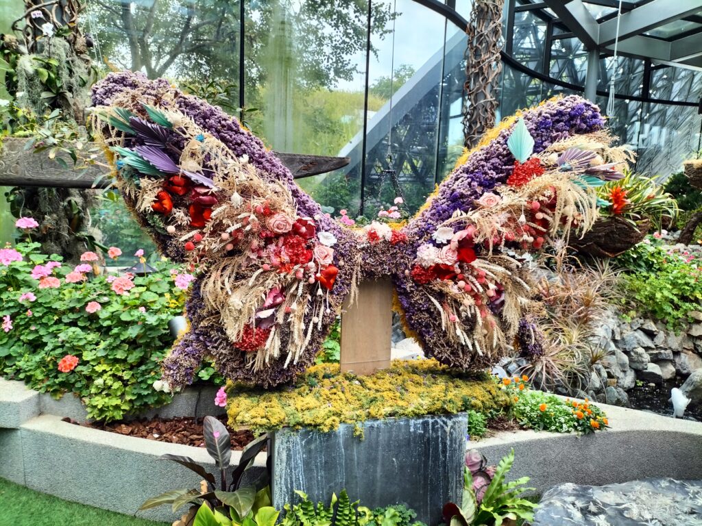 Flowers representing a butterfly inside the Flower Dome.