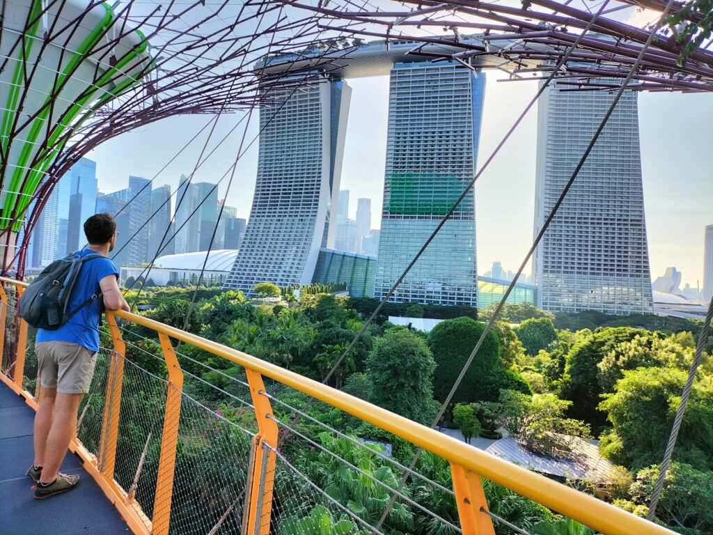 Tiziano looking at the Marina Bay Sands from the Supertree Grove.