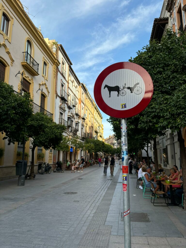 Sign prohibiting the passage of horse-drawn carriages in one of the main streets of Seville.