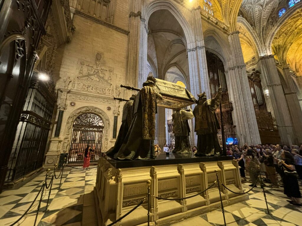 View of the tomb of Christopher Columbus inside the cathedral of Seville.