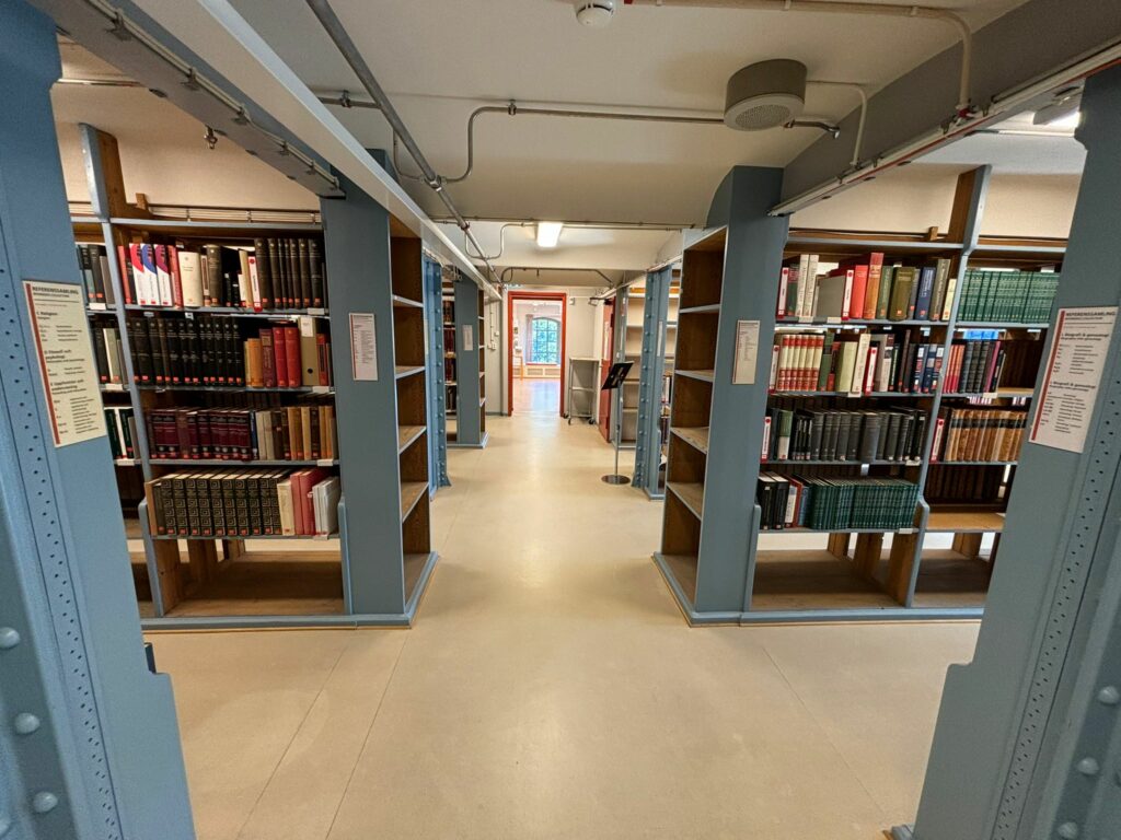 Inside the university library.