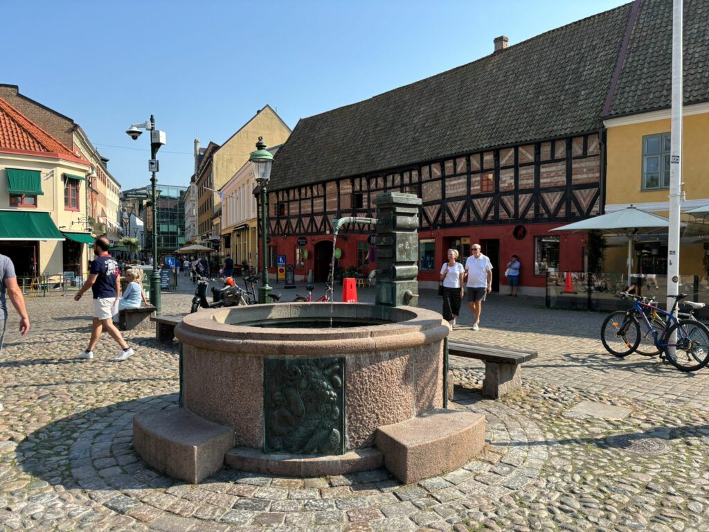 City centre of Malmo with a fountain.