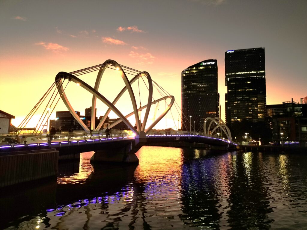 Bridge along the Southbank Promenade at the sunset.