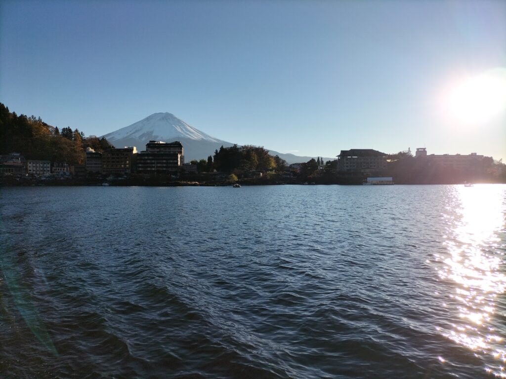 Kawaguchi Lake view from the boat. Mt.Fuji in the background.